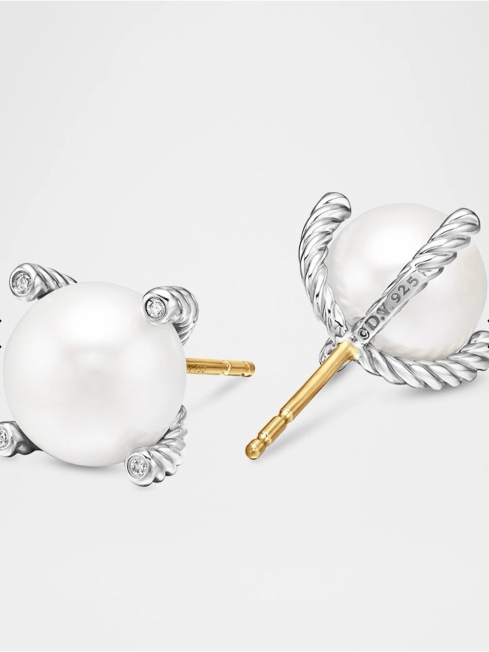 David Yurman sterling silver Pearl Cable Drop Earrings with pearl and diamonds - Picture 8 of 10